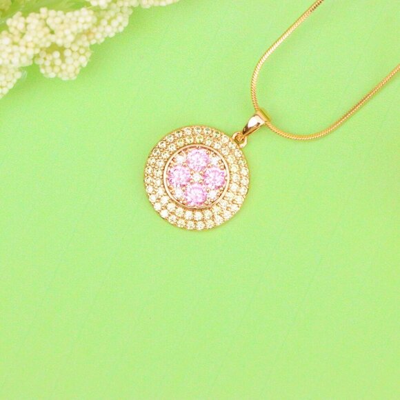 "Round Pink & Yellow CZ Pendant in Gold Finish – Elegant Floral Look, XPPT1858 - Picture 7 of 13